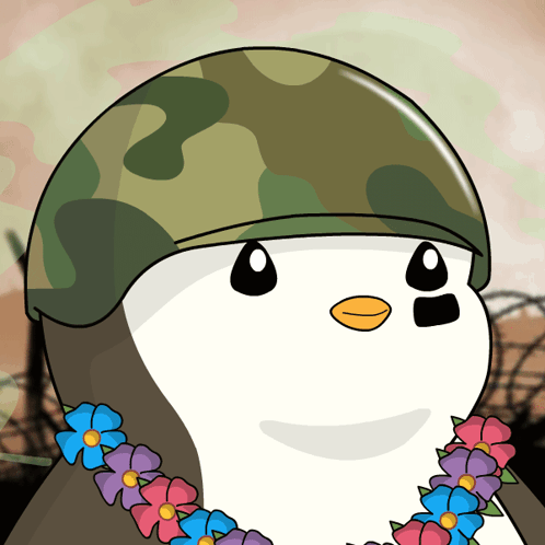 A Cartoon Of A Penguin Wearing A Helmet And Flowers Around His Neck GIF