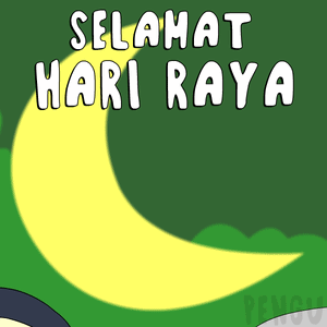 A Cartoon Of A Penguin Wearing A Hijab And A Penguin Wearing A Hat With The Words " Selamat Hari Raya " GIF