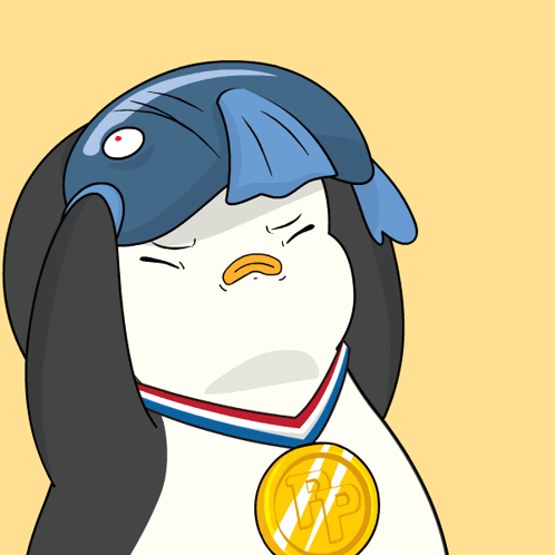 A Cartoon Of A Penguin Wearing A Medal With A Letter P On It GIF