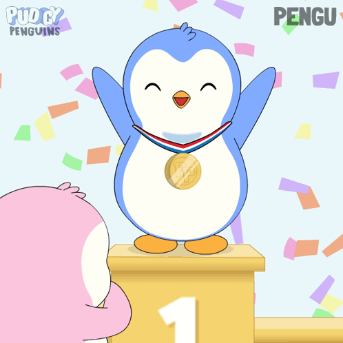 A Cartoon Of A Penguin Wearing A Medal With The Letter P On It Standing On A Podium GIF