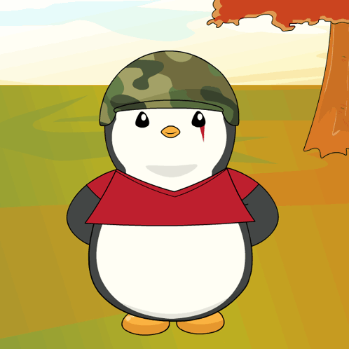A Cartoon Of A Penguin Wearing A Military Helmet And A Red Shirt GIF