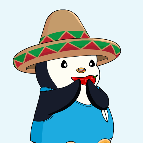 A Cartoon Of A Penguin Wearing A Sombrero And Holding A Chili Pepper GIF