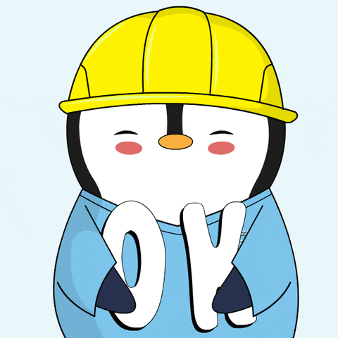 A Cartoon Of A Penguin Wearing A Yellow Hard Hat And A Blue Shirt That Says Ok GIF