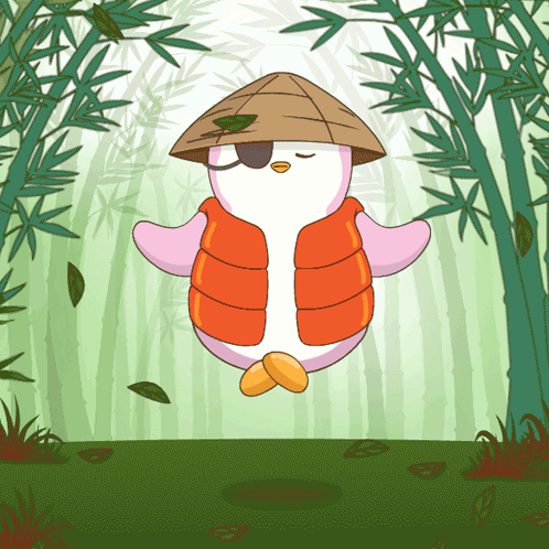 A Cartoon Of A Penguin Wearing An Orange Vest And A Brown Hat GIF