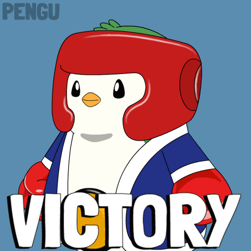 A Cartoon Of A Penguin Wearing Boxing Gloves And A Helmet With The Word Victory Underneath It GIF