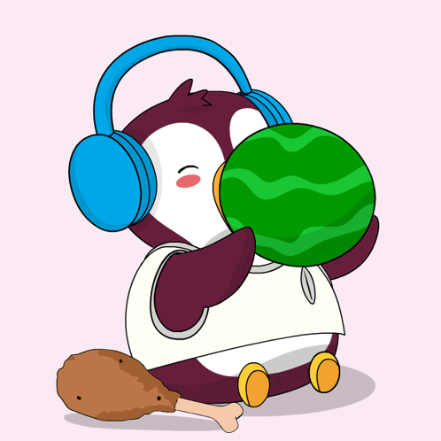 A Cartoon Of A Penguin Wearing Headphones And Eating A Watermelon GIF
