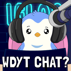 a cartoon of a penguin wearing headphones and holding a sign that says " wdyt chat "