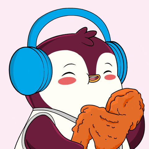 A Cartoon Of A Penguin Wearing Headphones Eating Chicken GIF