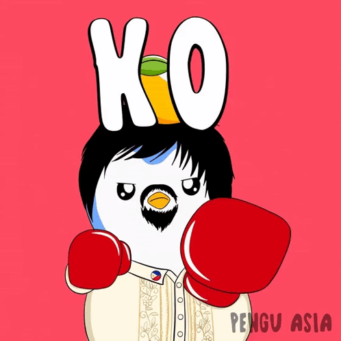 a cartoon of a penguin wearing red boxing gloves and the word ko on top