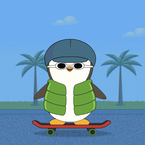 A Cartoon Of A Penguin Wearing Sunglasses And A Helmet Riding A Skateboard GIF