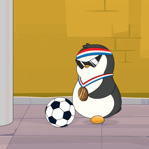 A Cartoon Of A Penguin Wearing Sunglasses And A Medal Playing With A Soccer Ball GIF
