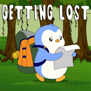 A Cartoon Of A Penguin With A Backpack Looking At A Map With The Words " Getting Lost " Above Him GIF