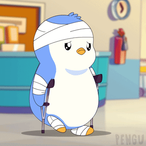A Cartoon Of A Penguin With A Bandage On Its Head GIF
