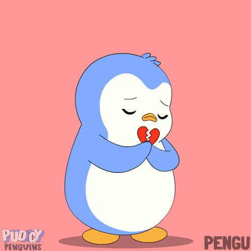 A Cartoon Of A Penguin With A Broken Heart And The Name Pengu On The Bottom GIF