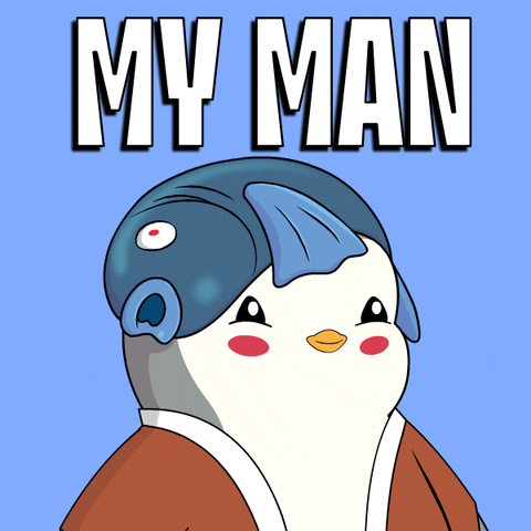 A Cartoon Of A Penguin With A Fish Hat And The Words My Man Above It GIF