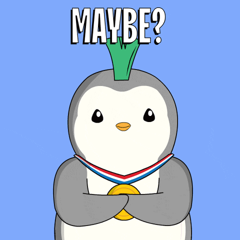 A Cartoon Of A Penguin With A Gold Medal Around His Neck And The Words " Maybe " Above Him GIF