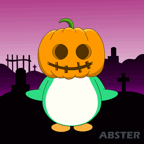 A Cartoon Of A Penguin With A Pumpkin On Its Head And The Word Abster On The Bottom GIF