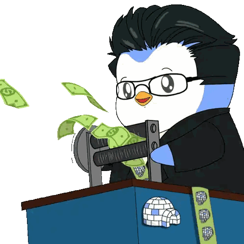 a cartoon of a penguin with glasses holding a machine that is making money