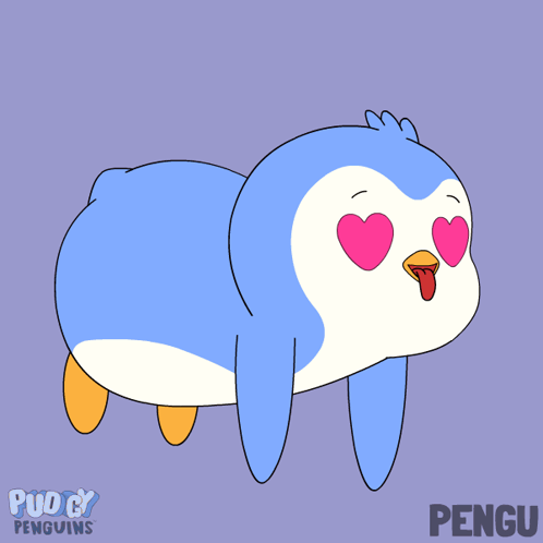 A Cartoon Of A Penguin With Pink Heart Shaped Eyes And The Name Pengu GIF
