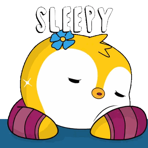 a cartoon of a penguin with the word sleepy written above it