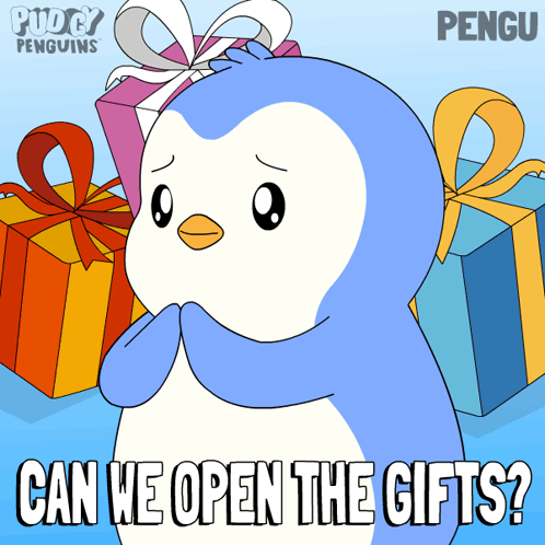 A Cartoon Of A Penguin With The Words " Can We Open The Gifts " On The Bottom GIF