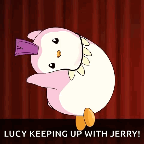 A Cartoon Of A Penguin With The Words Lucy Keeping Up With Jerry At The Bottom GIF