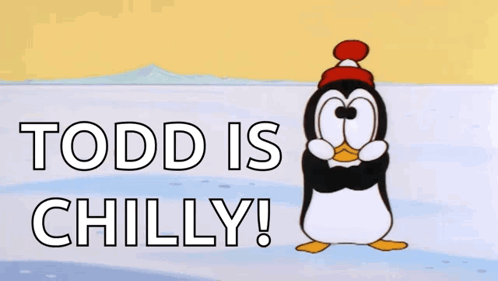 A Cartoon Of A Penguin With The Words Todd Is Chilly Above It GIF