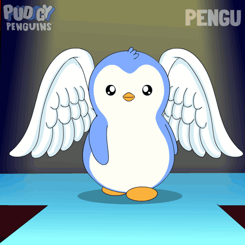 A Cartoon Of A Penguin With White Wings And The Name Pengu On The Bottom GIF