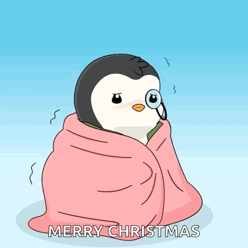 A Cartoon Of A Penguin Wrapped In A Pink Blanket With Merry Christmas Written On The Bottom GIF