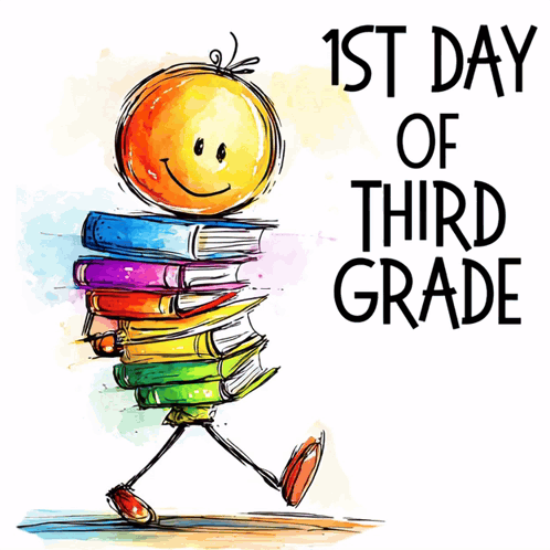 A Cartoon Of A Person Carrying A Stack Of Books With The Words 1St Day Of Third Grade GIF
