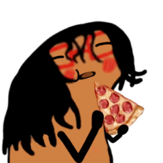 a cartoon of a person eating a pepperoni pizza
