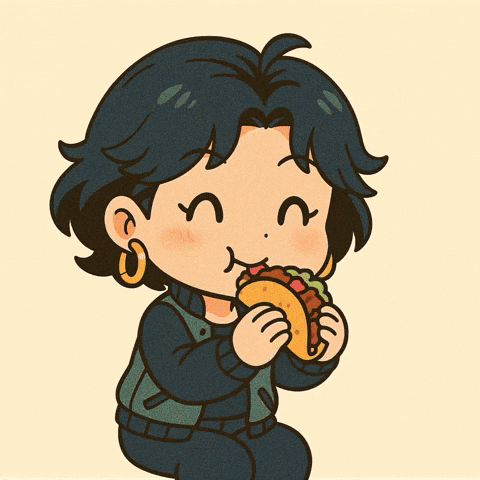 A Cartoon Of A Person Eating A Taco With A Smile On Their Face GIF