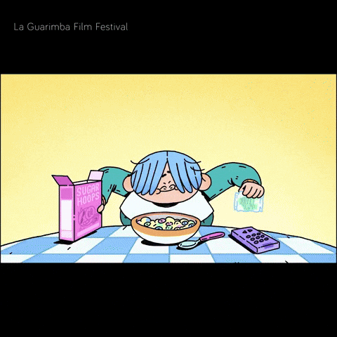 A Cartoon Of A Person Eating Cereal With A Box Of Sugar Hooks Behind Them GIF