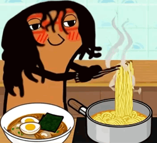 A Cartoon Of A Person Eating Noodles With Chopsticks Next To A Bowl Of Noodles GIF