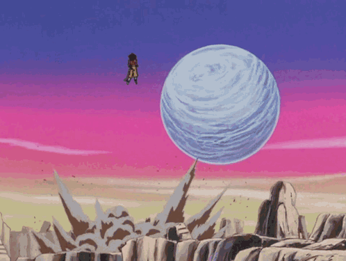 A Cartoon Of A Person Flying Through The Air With A Large Ball In The Background GIF