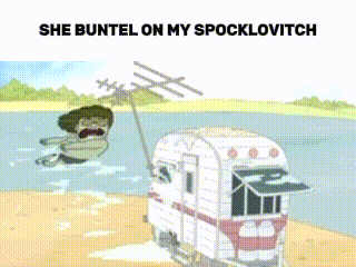 A Cartoon Of A Person Hanging From A Tree With The Words She Buntel On My Spocklovitch GIF