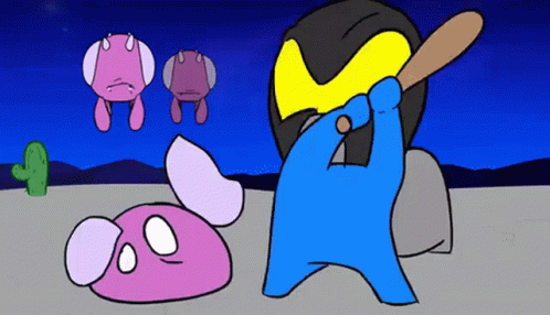 a cartoon of a person holding a bat standing next to a pink rabbit and a cactus