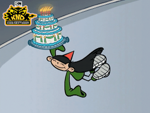 a cartoon of a person holding a cake with a cn logo behind them