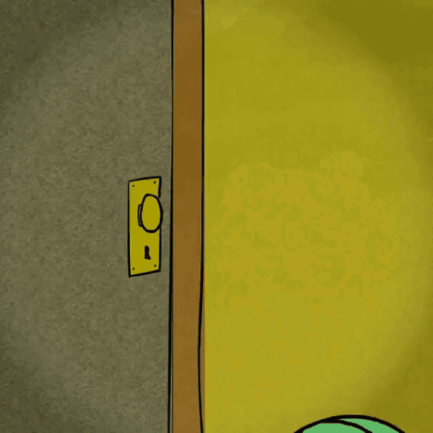 A Cartoon Of A Person Holding A Door With The Words " Let Me In " Above It GIF