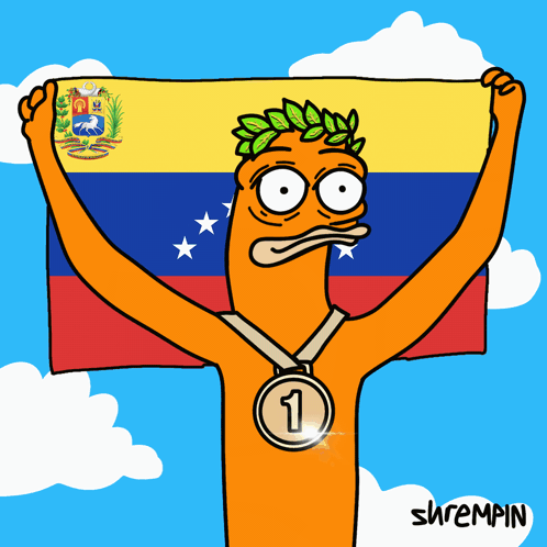 A Cartoon Of A Person Holding A Flag And A Medal With The Number One On It GIF