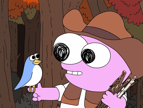 A Cartoon Of A Person Holding A Stick And A Bird On Their Hand GIF