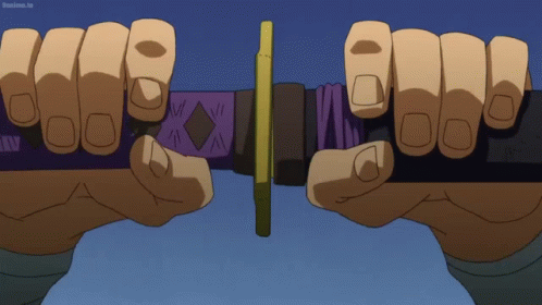 A Cartoon Of A Person Holding A Sword With A Purple Sheath GIF