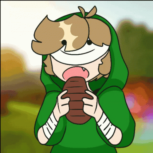 A Cartoon Of A Person In A Green Hoodie Holding A Brown Object GIF