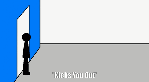 A Cartoon Of A Person Kicking Another Person Out Of A Blue Door GIF