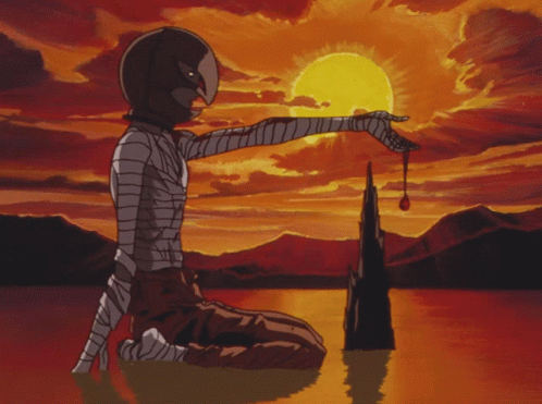 A Cartoon Of A Person Kneeling In Front Of A Sunset GIF