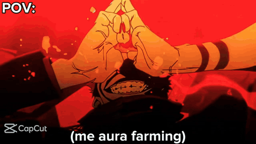 a cartoon of a person making a triangle with their hands with the caption " me aura farming "