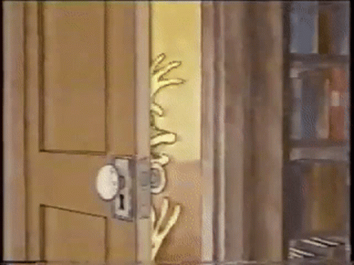 A Cartoon Of A Person Peeking Out Of A Door In A Room . GIF