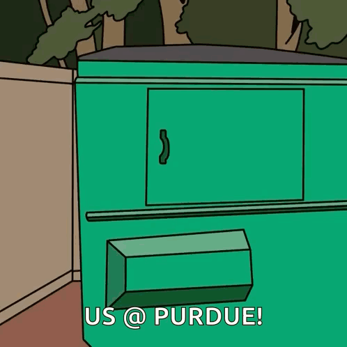 a cartoon of a person peeking out of a dumpster with the words us @ purdue on the bottom