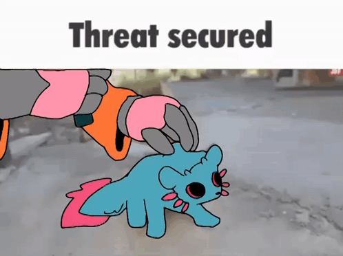 A Cartoon Of A Person Petting A Small Animal With The Words " Threat Secured " On The Bottom GIF