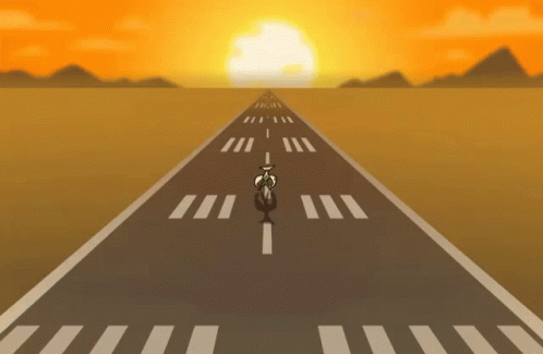 A Cartoon Of A Person Riding A Bike On A Road With A Sunset In The Background GIF
